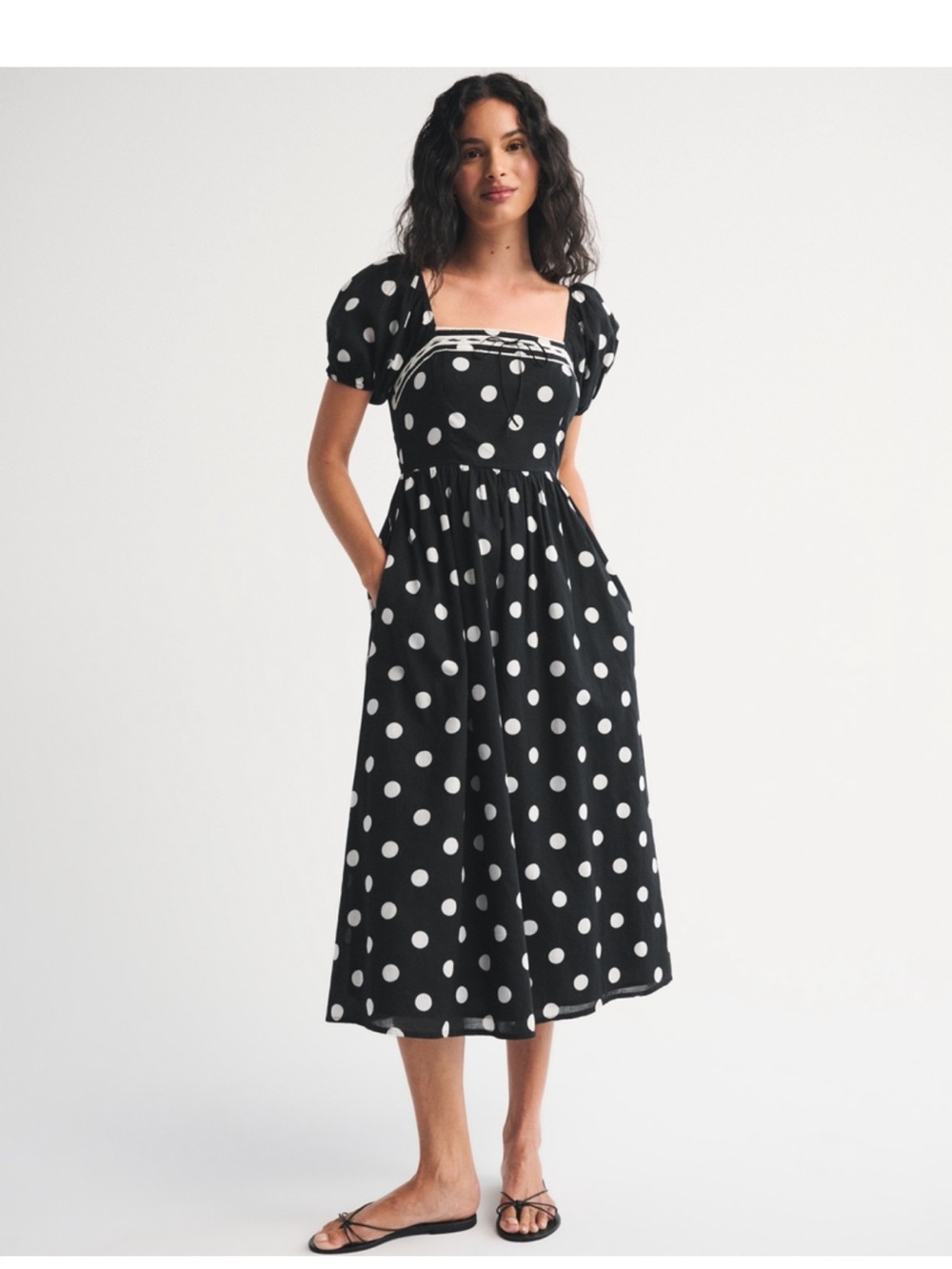 Black Polka Dot Midi Dress with Puff Sleeves